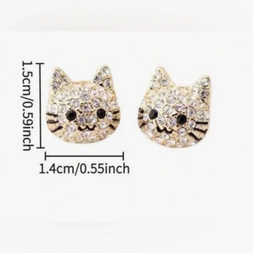 Gold Tone Cat Stud Earrings with Crystals - Picture 4 of 4